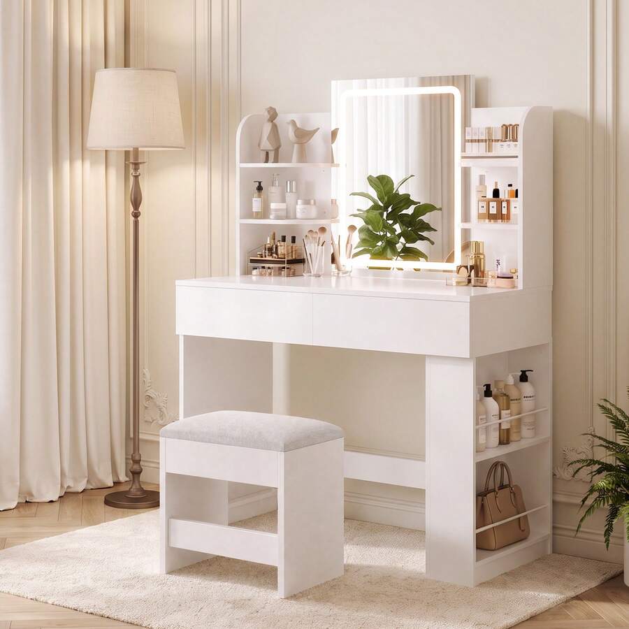 Devoko Dressing Table With LED Lighting, 3 Colors With Adjustable Brightness, Dressing Table With Mirror For Make-Up, Cosmetic Table With Adjustable Shelves, 2 Drawers, Modern, White - View 1