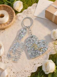 1pc Customized Laser Engraved Personalized Valentine's Day Heart Small Mirror Small Comb Decorative Keychain, Motel Keychain, Vintage Hotel Keychain, Women's Customized Name Car Keychain, Cute Bridesmaid Proposal Gift Keychain - Multicolor - View 2