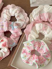 2/6pcs Peach Pink Lace Trim Scrunchies, Pink Sweet Cute Bow Lace Multi-Functional Hair Tie Hair Accessories Set, Peach Pink Lace Trim Scrunchies High Elasticity, Non-Damaging Hair Ties Mori Style Super Fairy Hair Rope Sweet Hair Accessories, Add Atmosphere Decorative Gift First Choice - Multicolor - View 5