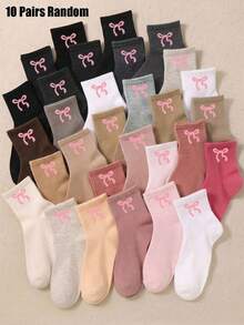 5/10/20 Pairs Random Bow Crew Socks For Girls Sweet Solid Color Mid‑Calf Socks Casual Daily Fall Socks Back To School Halloween Party Gift - Multicolor - View 16