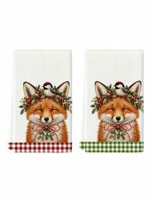 2pcs/4pcs Christmas Kitchen Towels, Fox Bird Holly Berry Print, Red & Green Plaid Border Holiday Home Decor Hand Towels - Multicolor - View 4