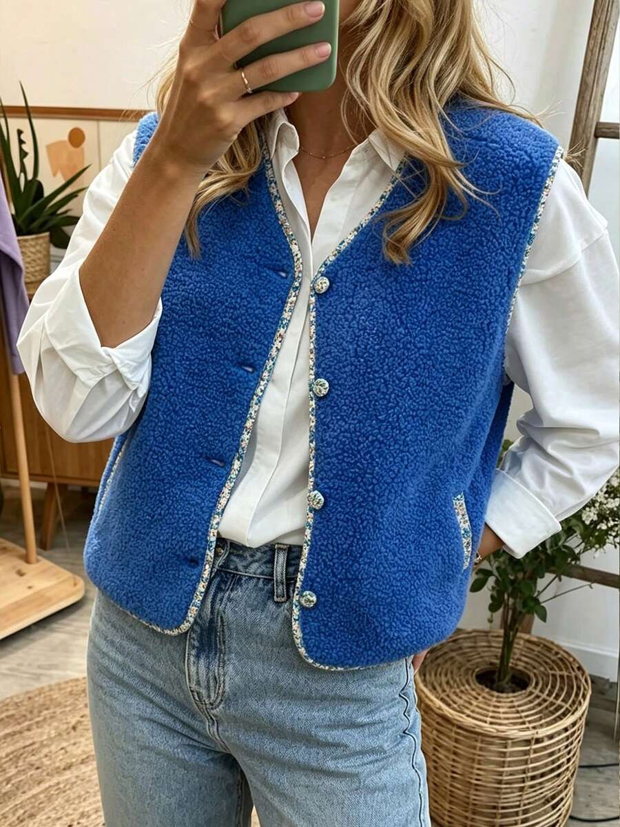 Women's Patchwork Lace Knit Fabric Button Vest, Suitable For Daily Home Wear And Vacation, Spring/Summer/Autumn Style - Blue - View 1