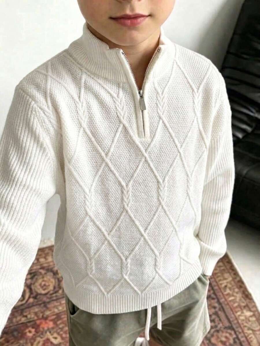 Boys' College Style Solid Color Argyle Pattern Stand Collar Half-Zip Knit Cardigan, Suitable For Casual Daily Wear In Spring, Autumn, Winter - White - View 1
