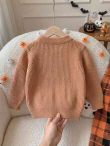 男童可愛萬聖節幽靈刺繡圓領長袖針織套頭毛衣，適合萬聖節、日常休閒穿著，春季、秋季、冬季 - 棕色 - 查看 4