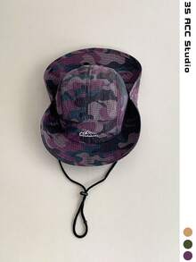 Topi Bucket Ringan Cepat Kering Motif Kamuflase Patchwork, Topi Pelindung Matahari Bernapas untuk Aktivitas Luar Ruangan Mendaki, Memancing, Unisex Musim Panas - tali lanyard kamuflase - View 2