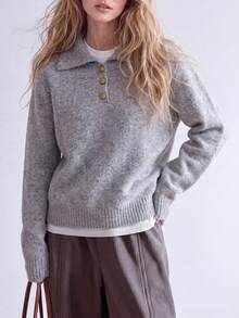 Women's Winter Grey Knit Pullover Sweater, Button Detail, Long Sleeve, Cropped - Grey - View 1