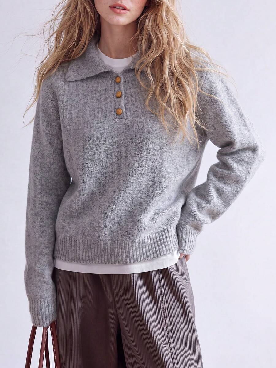 Women's Winter Grey Knit Pullover Sweater, Button Detail, Long Sleeve, Cropped - Grey - View 1