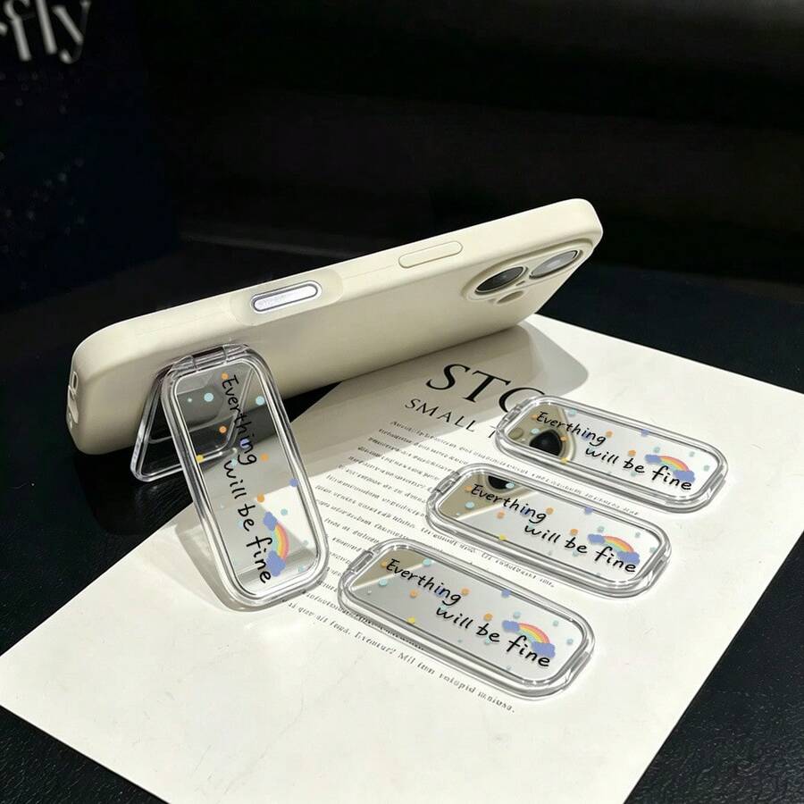 1個可愛彩虹字母印花鏡面可折疊手機支架,背膠貼式手機架,便攜式桌面支撐架,適用所有智慧型手機 - 彩色 - 查看 1