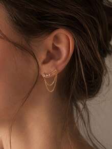 FAAABULS 1 Pair Exquisite Gold Multi-Layer Chain Drop Earrings, Small Crystal Decorated Multi-Strand Tassel Ear Hooks, Minimalist Everyday Earrings - Gold - View 1