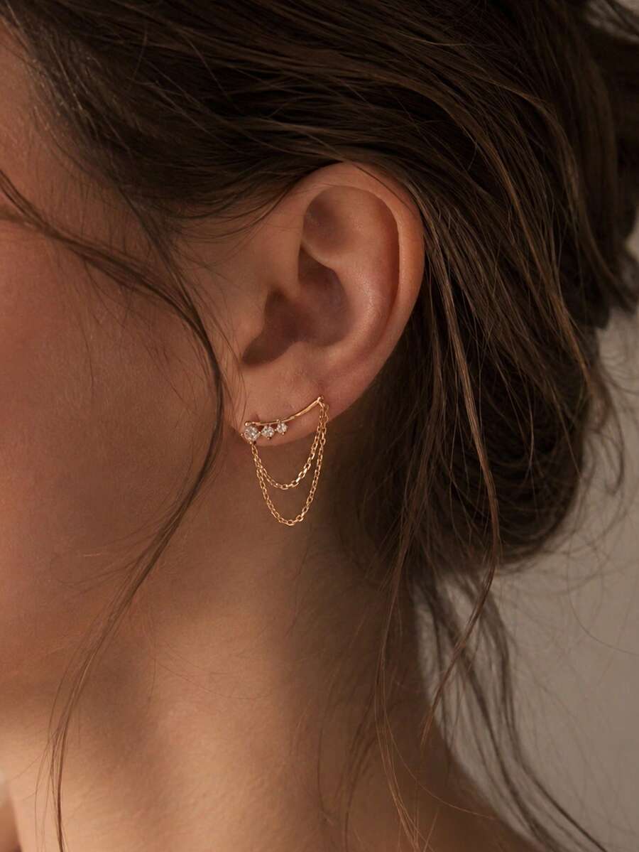 FAAABULS 1 Pair Exquisite Gold Multi-Layer Chain Drop Earrings, Small Crystal Decorated Multi-Strand Tassel Ear Hooks, Minimalist Everyday Earrings - Gold - View 1