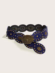 1pc Women's Bohemian Style Brown Patchwork Vintage Bull Head Accessory Metal PU Belt, Suitable For Jeans, Music Festival, Commuting - Brown Bull Head - View 28