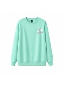 Women's Star & Letter Print Long Sleeve Crew Neck Pullover Sweatshirt, Loose Casual Lazy Style, Mint Green Top, Autumn/Winter - Mint Green - View 6