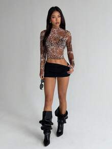 Halloween Autumn Leopard Print Shiny Sheer Mesh Long Sleeve Crop Top, Nightclub Party - Brown - View 5