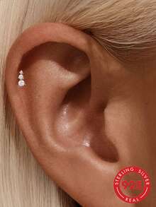 1pc 925 Sterling Silver Sparkling Zirconia Earrings Studs For Women 18K Gold Plated Flat Back Earring Tragus Conch Helix Piercing Birthday Gifts Jewelry - Gold - View 6