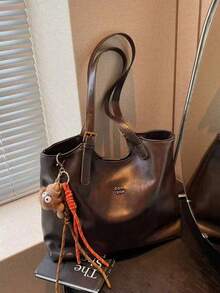 New Fashion Solid Color PU Leather Women's Shoulder Bag, Retro Handbag With Buckle And Zipper, Large Capacity Tote Bag, Suitable For Travel, Shopping - Coffee Brown - View 6