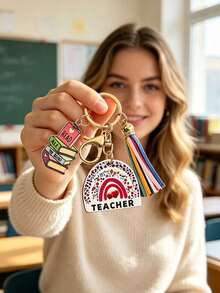 1pc Teacher Theme Keychain, Rainbow Leopard Print Wooden Pendant With Book Charm And Colorful Tassel, Portable Key Ring Accessory, Suitable For Car Keys And Bag Decoration, Ideal Thank You Gift For Educators On Teacher's Day, Back To School And Holidays - Multicolor - View 3