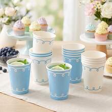 10/20/50 Pcs,Soft Blue And Off‑White Scroll Trim Disposable 9oz Paper Cups,Delicate Curved Loop Border Pattern Party Cups,Lightweight Disposable Drink Cups,For Gender Reveal Party,Nautical Theme,Engagement Party,Spring Celebration,BabyShower - Blue - View 3