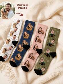 1 Pair Customized Face Socks, Can Print Any Face On Socks, Unisex, Personalized Photo Socks, Customized Image Couple High Tube Socks, Birthday Gift, Fun Happy Quirky, Multi-Color Dopamine Gift Socks - Multicolor - View 3