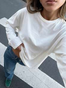 Women's All-Match White Crew Neck Drop Shoulder Long Sleeve T-Shirt, Loose Fit 100% Pure Cotton Solid Color Versatile Base Layer Top, Suitable For Casual Daily Wear - White - View 5