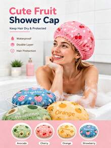4pcs Cute Fruit Print Shower Cap Set, Waterproof Double Layer Bath Cap, Women & Girls Universal, Reusable Lightweight Hair Protection Cap, One Size Elastic Ruffle Edge, Korean Style Cute Bathroom Accessory, Travel & Home Essential Gift - View 2