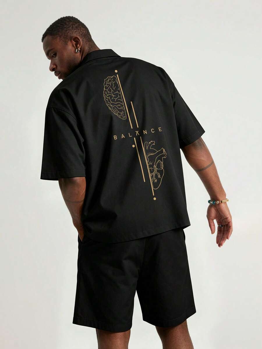Men's Summer Fashion Brain Pattern Short Sleeve Shirt & Shorts 2 Pieces Casual Daily Outfit Set - Black - View 1