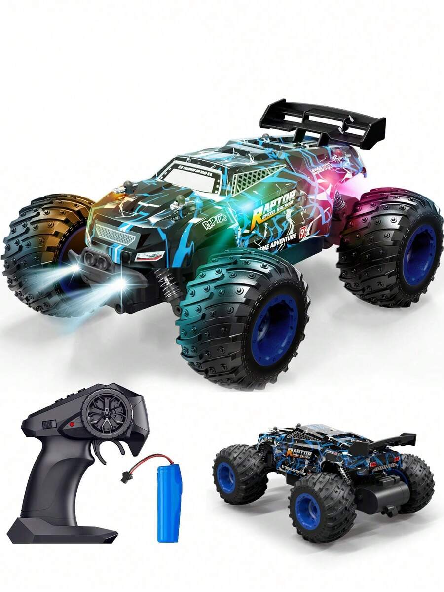 1辆2.4GHz高速遥控怪兽卡车，1:18比例，时速20公里/小时，全地形遥控车，带前灯和彩色车身灯，速度可调，带车壳，3.7V可充电电池，适合3岁以上儿童，可作为入门级遥控车礼物，适合圣诞节、万圣节、生日等场合（蓝/绿）