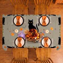 1pc Halloween Black Cat & Spider Web Print Rectangular Tablecloth, Suitable For Holiday, Party, Birthday, Dinner, Restaurant Table Decor, Autumn/Winter Home Decoration - Multicolor - View 5