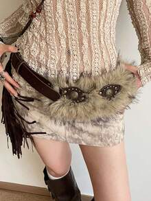 Women's Vintage Faux Fur Wide Waist Belt, Retro Western Rivet Decor Faux Fur Waist Cincher, Halloween Holiday Costume Accessory, Suitable For Dresses And Suits - A - View 2