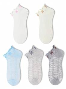 ZUJO 5 Pairs Multi-Color Women's Ruffle Short Socks, Bow Print Pattern, Simple And Comfortable, Suitable For Spring, Summer, Autumn Wear, French Country Style, Random Color Shipment - Multicolor - View 6