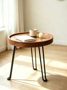 Folding Round Side Table, Walnut Wood Tray Side Table With Black Hairpin Legs, Small Portable Coffee Table For Living Room, Bedroom And Balcony, Minimalist Small Coffee Table, Space-Saving Side Table For Sofa ,Storage Tray Included As A Gift - Natural Brown - View 3