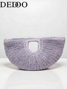 Dedoo Minimalist Hand-Woven Semi-Circular Tote Bag, Handmade Woven Handbag For Beach Vacation, Commute And Casual Wear, Versatile Beach Bag - Purple - View 2