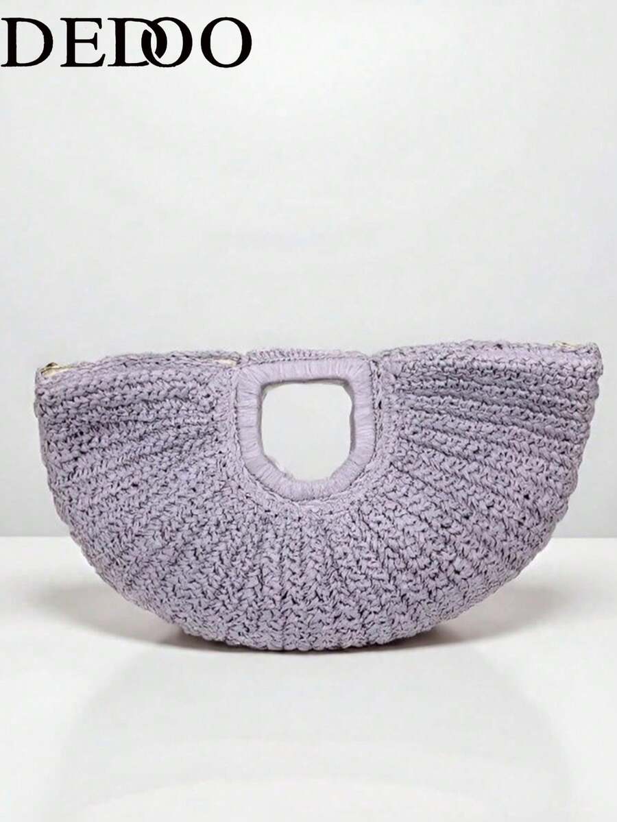 Dedoo Minimalist Hand-Woven Semi-Circular Tote Bag, Handmade Woven Handbag For Beach Vacation, Commute And Casual Wear, Versatile Beach Bag
