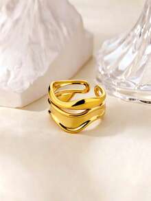 Irregular Geometric Layered Rings For Women Stainless Steel Wave Ring Waterproof Non-Fade Fashion Jewelry Gifts For Christmas,New Year,Daily Wearing - Multicolor - View 9