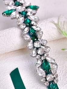 1pc Elegant Green Rhinestone Wedding Belt, Summer Waist Sash, Luxury Decorative Accessory For Wedding Guests Bridesmaids - Dark Green - View 6