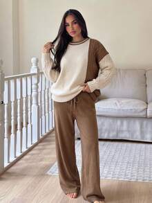 Setelan 2 Potong Sweater Rajut Leher Bulat Warna-warni untuk Wanita Ukuran Plus + Celana Panjang, Pakaian Kasual Elegan Lengan Panjang, Cocok untuk Musim Gugur - Khaki - View 2