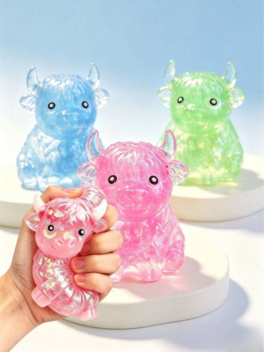 1 Peça Brinquedo de Ponta de Dedo de Vaca das Terras Altas com Lantejoulas, Bola de Estresse Macia de Rebote Lento, Brinquedo Sensorial Fofo para Apertar, Adequado para Adultos e Crianças, Decoração de Mesa para Alívio da Ansiedade, Presente de Enchimento de Cesta de Páscoa para Amantes de Vacas