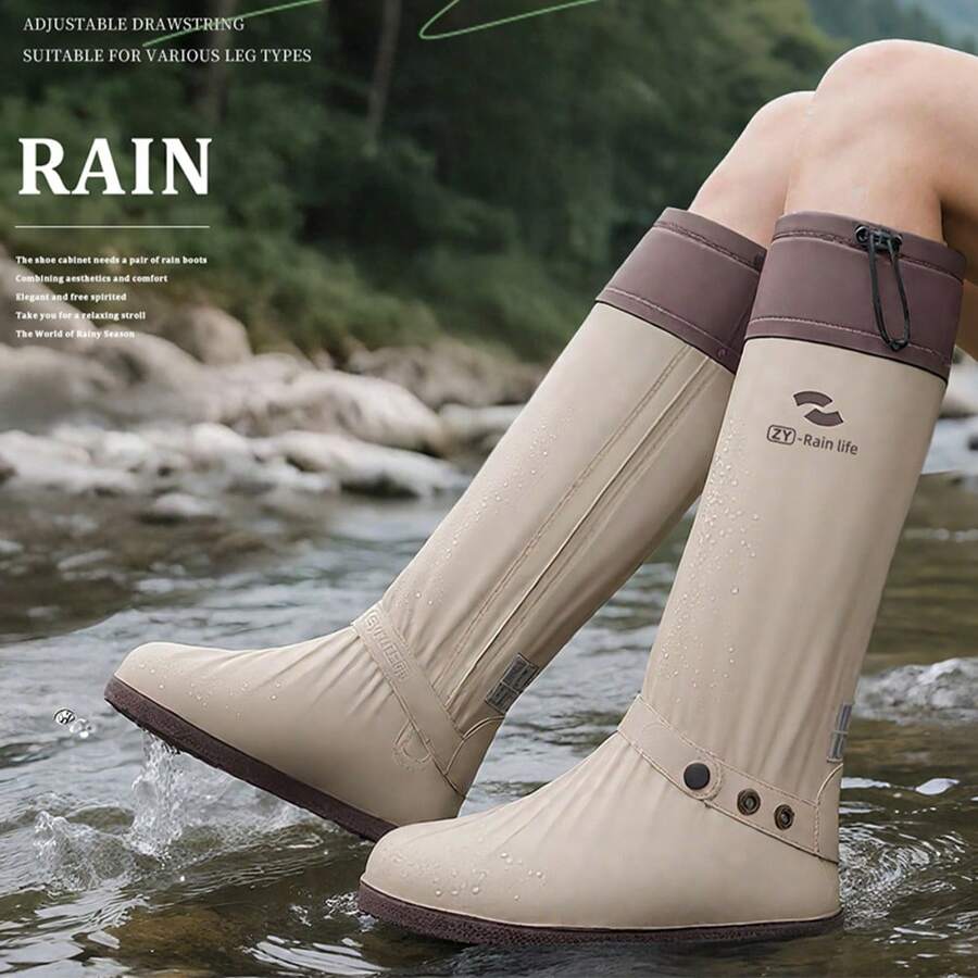 Fashionable High-Top Waterproof Rain Boot Covers With Adjustable Drawstring, Suitable For Office, Daily Commute, Outdoor Walking, Camping And Travel