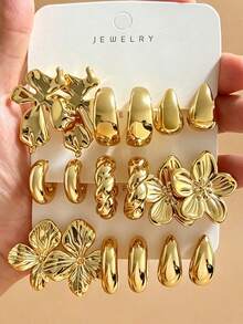 6-18pcs Vintage Metal Flower Earrings Set, Water Drop C-Hoop Twisted Design, Suitable For Daily Commute, Holiday Party, One Set For All Outfits - Gold - View 10
