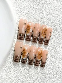 10 piezas de uñas postizas de estilo soñador con mariposa de tono oscuro, set de arte de uñas de poligel, diseño de flor de tres pétalos, esmalte de uñas marrón, estilo de mariposa caramelo, incluye herramientas para uñas, 3 tamaños disponibles, forma almendra/pato/ataúd, adecuado para fiesta, baile, uso diario - Multicolor - Ver 4