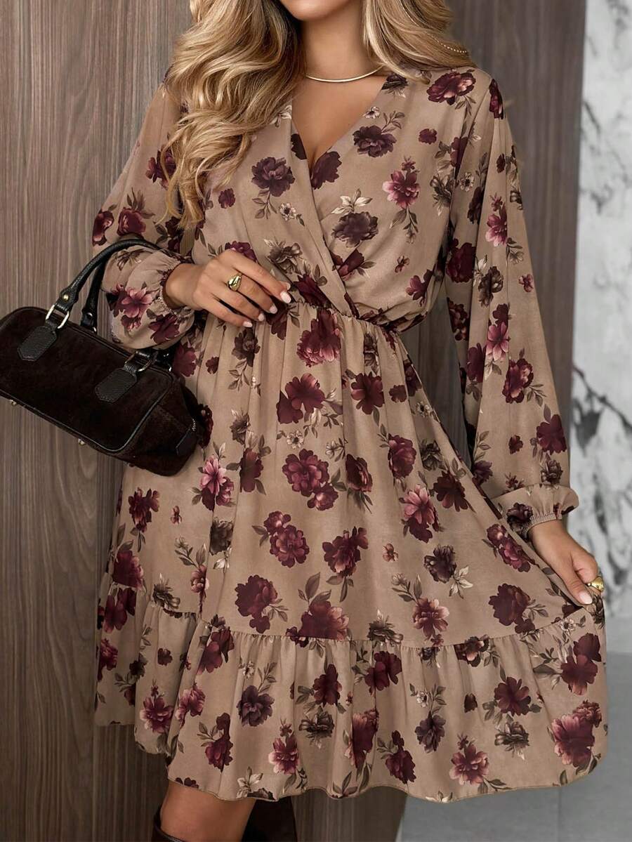 1pc Vintage Floral Print Woven Fabric Cross Long Sleeve Cinched Waist Ruffle Hem Dress, Suitable For Daily Commute, Date, Party, Autumn - Khaki - View 1