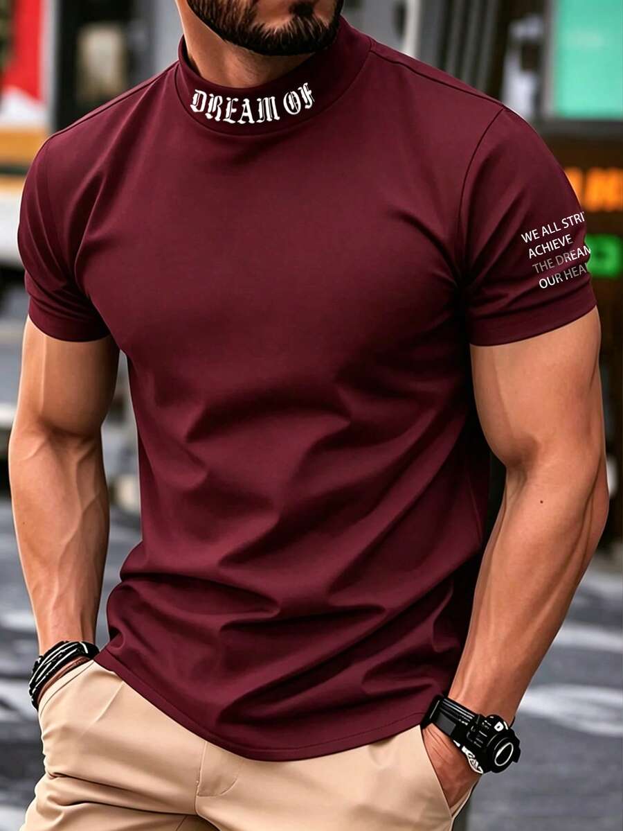 Men's Casual Fashionable Versatile Minimalist Printed Half-Turtleneck Short Sleeve T-Shirt, Summer - Burgundy - View 1