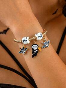 Halloween Dark Bat Pumpkin Ghost Element Large Hole Bead Women's Open Bangle - D - View 4
