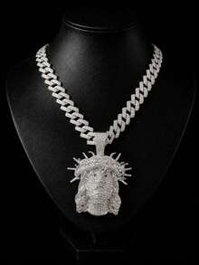 1pc Hip Hop Full Rhinestone Jesus Head Pendant Necklace, Heavy Rhinestone Inlaid Cuban Chain, Gold Vintage Religious Style Accessory, Rap Stage Party Unisex Personalized Gift Jewelry - Crown Of Thorns Jesus - View 1