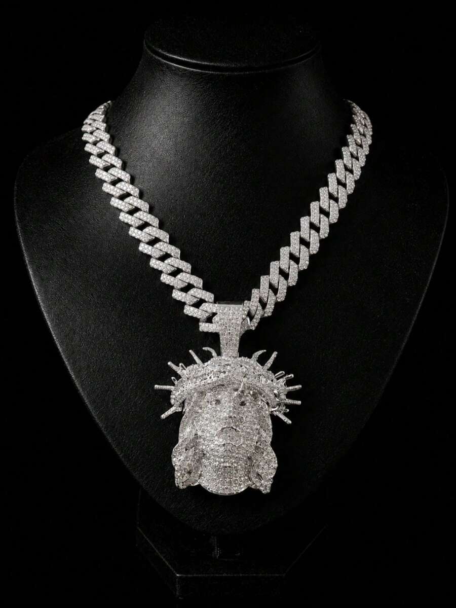 1pc Hip Hop Full Rhinestone Jesus Head Pendant Necklace, Heavy Rhinestone Inlaid Cuban Chain, Gold Vintage Religious Style Accessory, Rap Stage Party Unisex Personalized Gift Jewelry - Crown Of Thorns Jesus - View 1