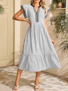 2026 Women V‑Notch Ruffle Cap Sleeve Midi Dress, Striped Tiered Swing Dress With Side Pockets, Casual Dress For Beach Vacation, Daily Outing, - Black - View 5