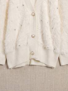 Autumn/Winter Elegant Fashion Rhinestone Decor Faux Fur Cardigan - White - View 10