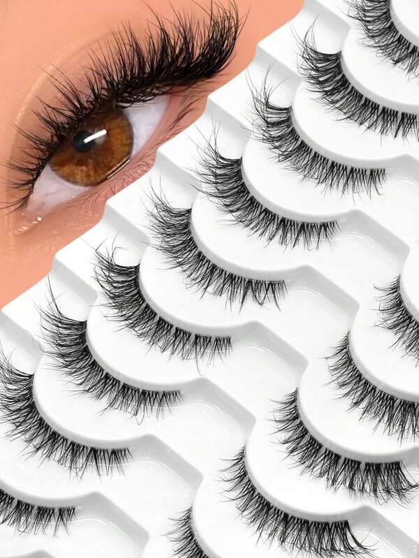 GROINNEYA 10 Pairs Natural Look Eyelashes Cat Eye Lashes Fuzzy Lashes Tips C Curl Criss-Cross False Eyelashes Wispy Fluffy Faux Mink Eyelashes With Clear Thin Band,Enlarge Eyes,Suitable For Everyday Wear,Vacation Outfits,Graduation Dress,Lash Lift