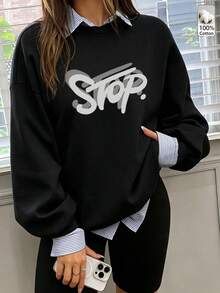 Autumn/Winter Women's Crew Neck Long Sleeve Black Sweatshirt, Layered Letter Print, Casual Daily Wear Sports Style Women's Top, Y2K Streetwear - Black - View 11