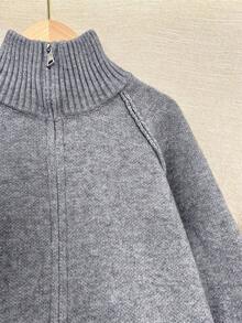 Wixra Korean Style Loose Knit Cardigan, Stand Collar Raglan Sleeve, Double Zipper Top, Solid Color Preppy Style, Autumn/Winter Layering Essential - Light Grey - View 7