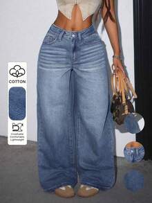 Women's Casual Loose Straight Leg Jeans With Pockets Fall - Light Wash - View 2